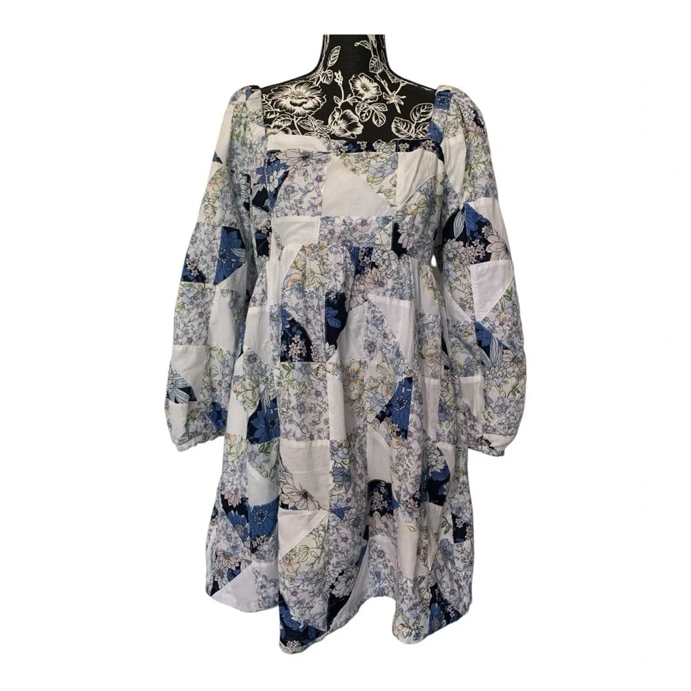 J.Crew Patchwork Floral Cotton Voile Babydoll Mini Dress M Square Neck
